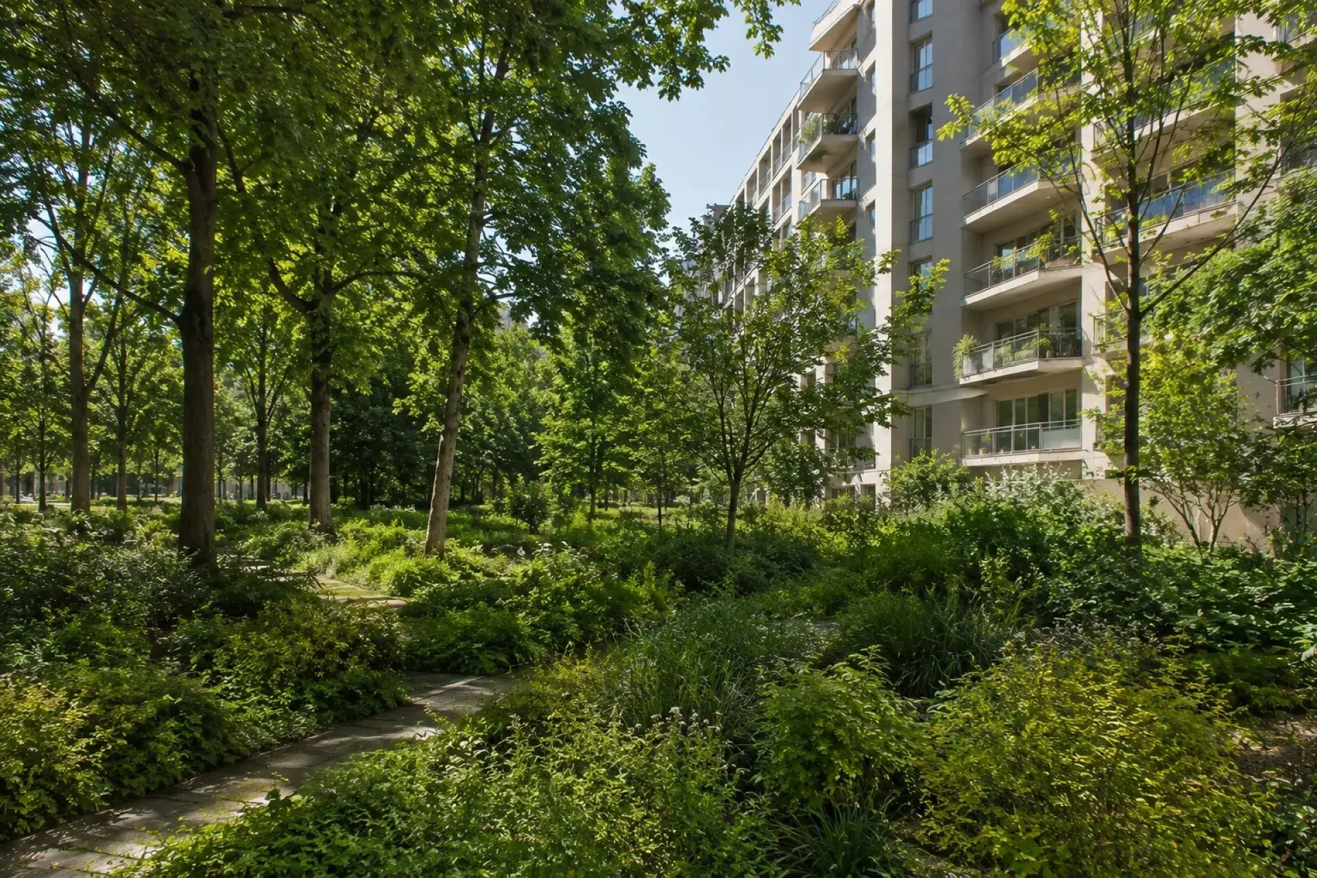 Résidence collective ouverte sur un jardin planté et arrosé.