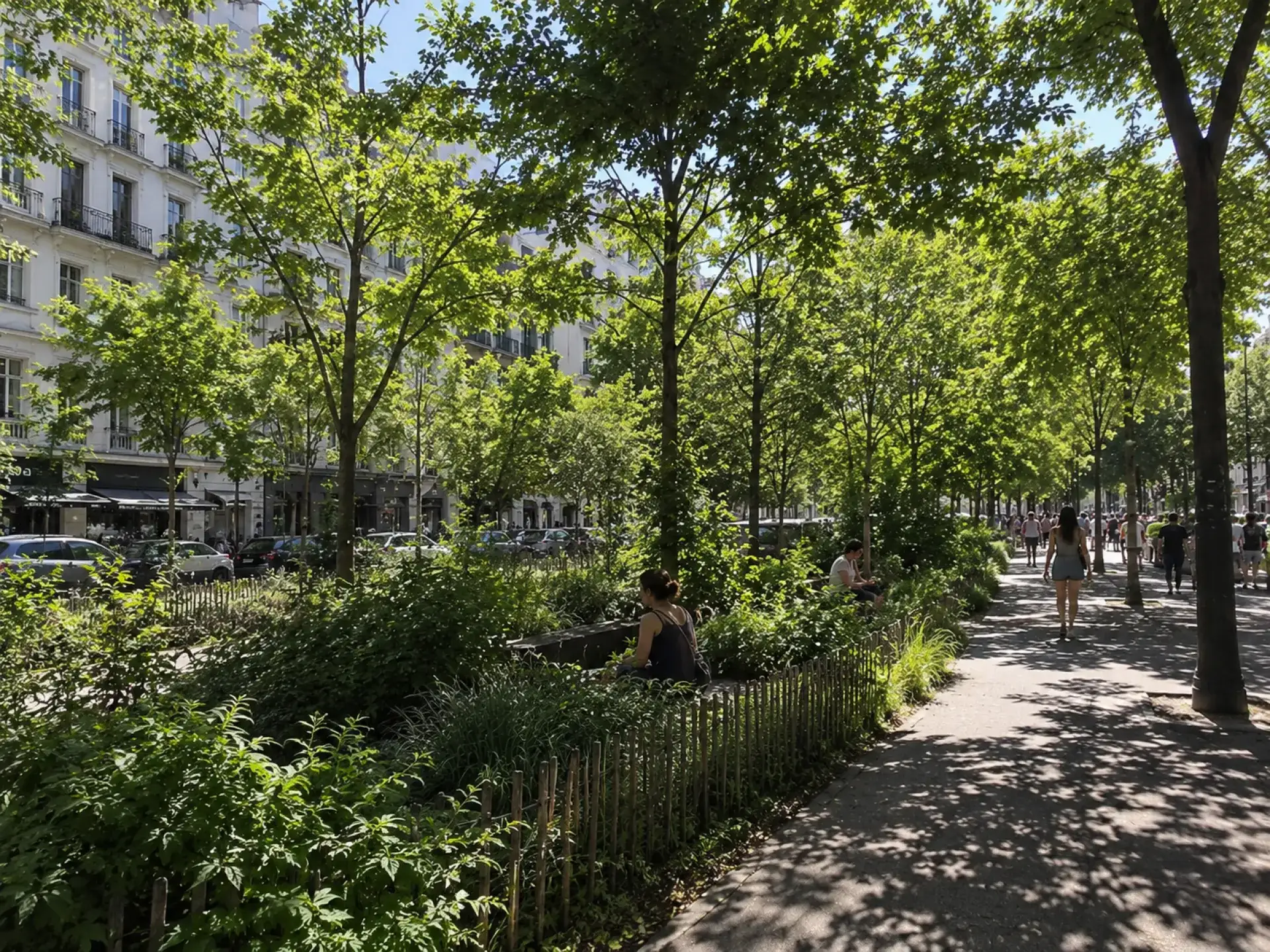 Rue plantée et promenade ombragée en cœur urbain.