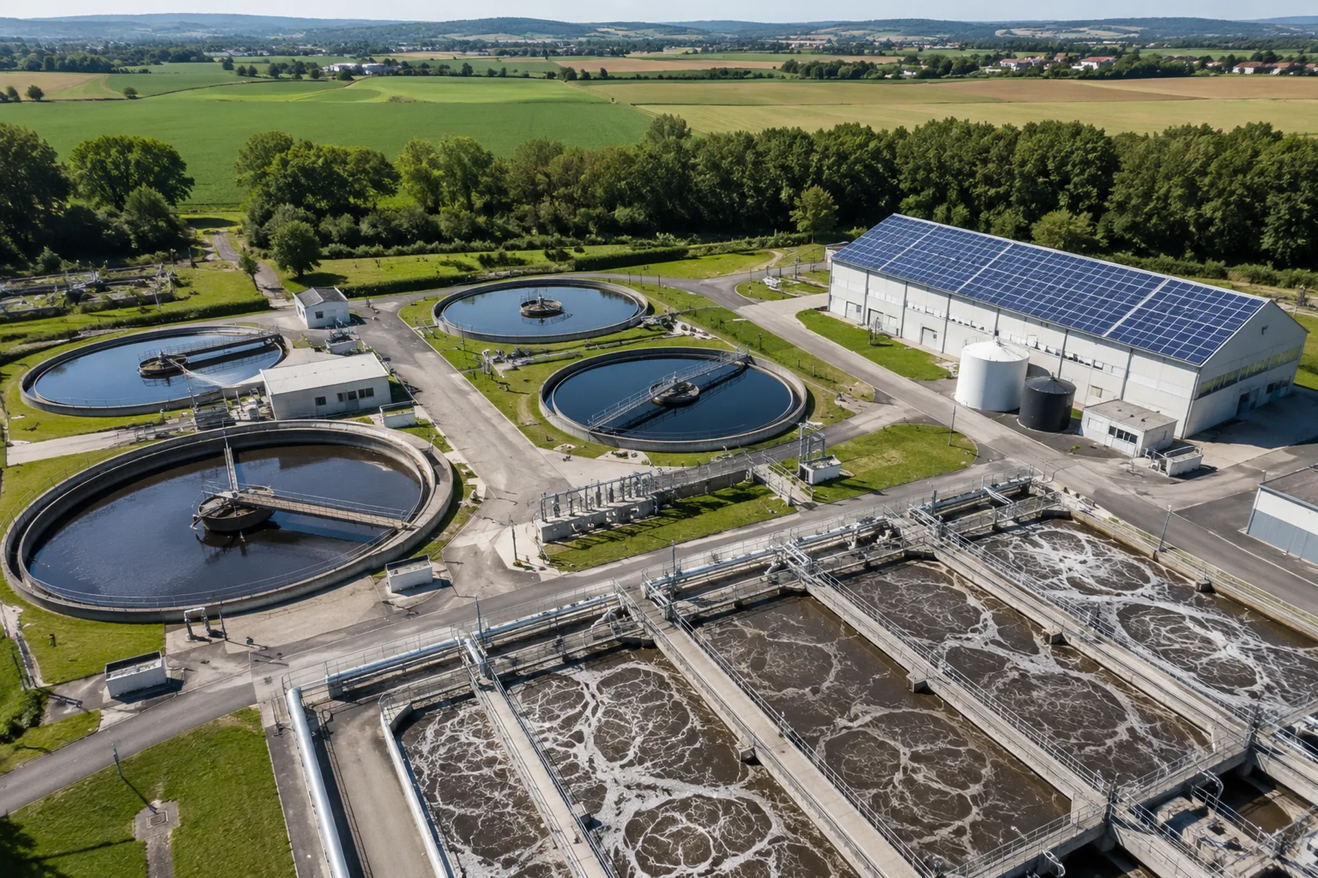 Station de traitement des eaux usées vue du ciel, panneaux solaires en toiture.