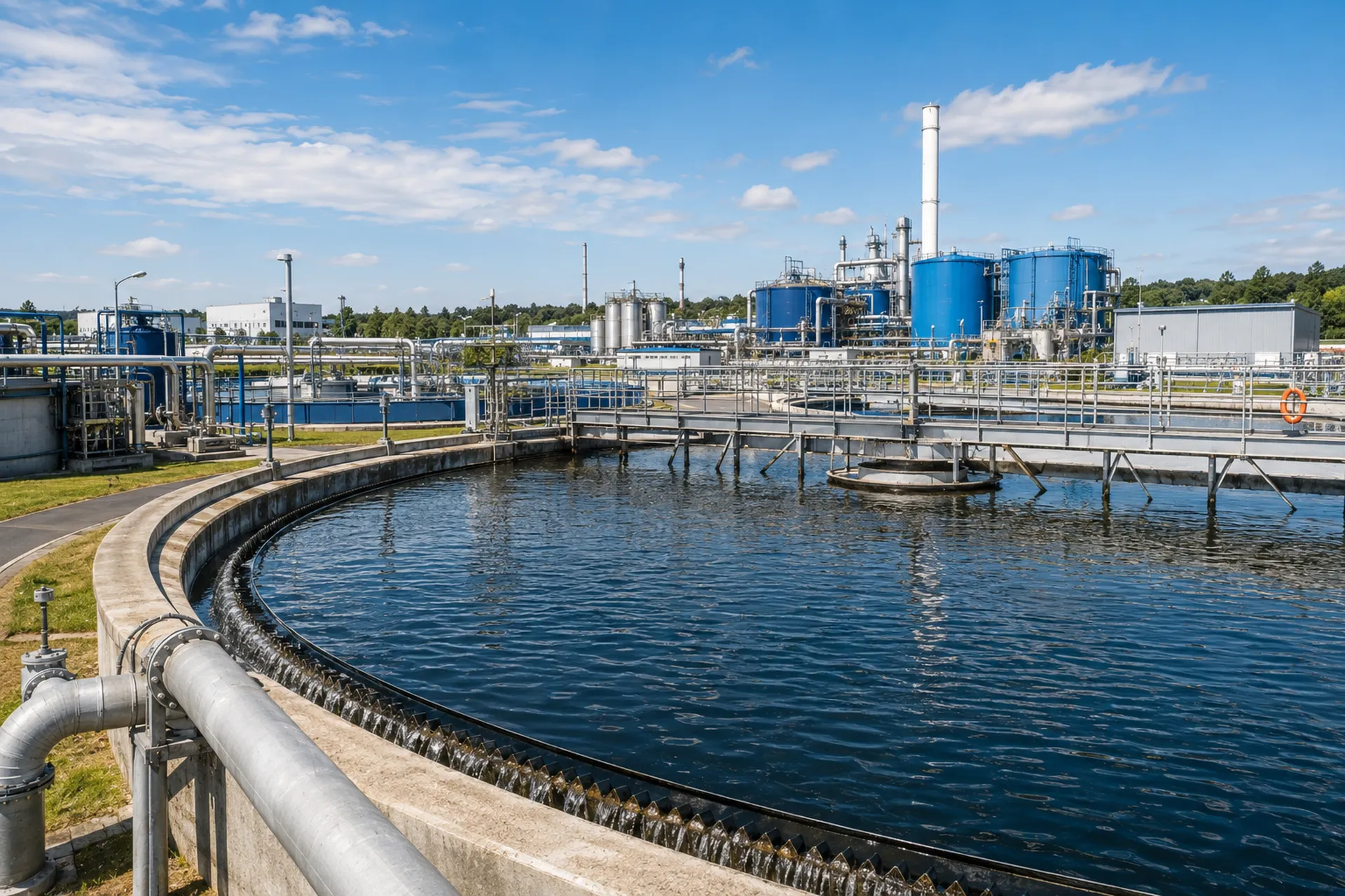 Clarificateur circulaire et cuves de stockage sur un site industriel