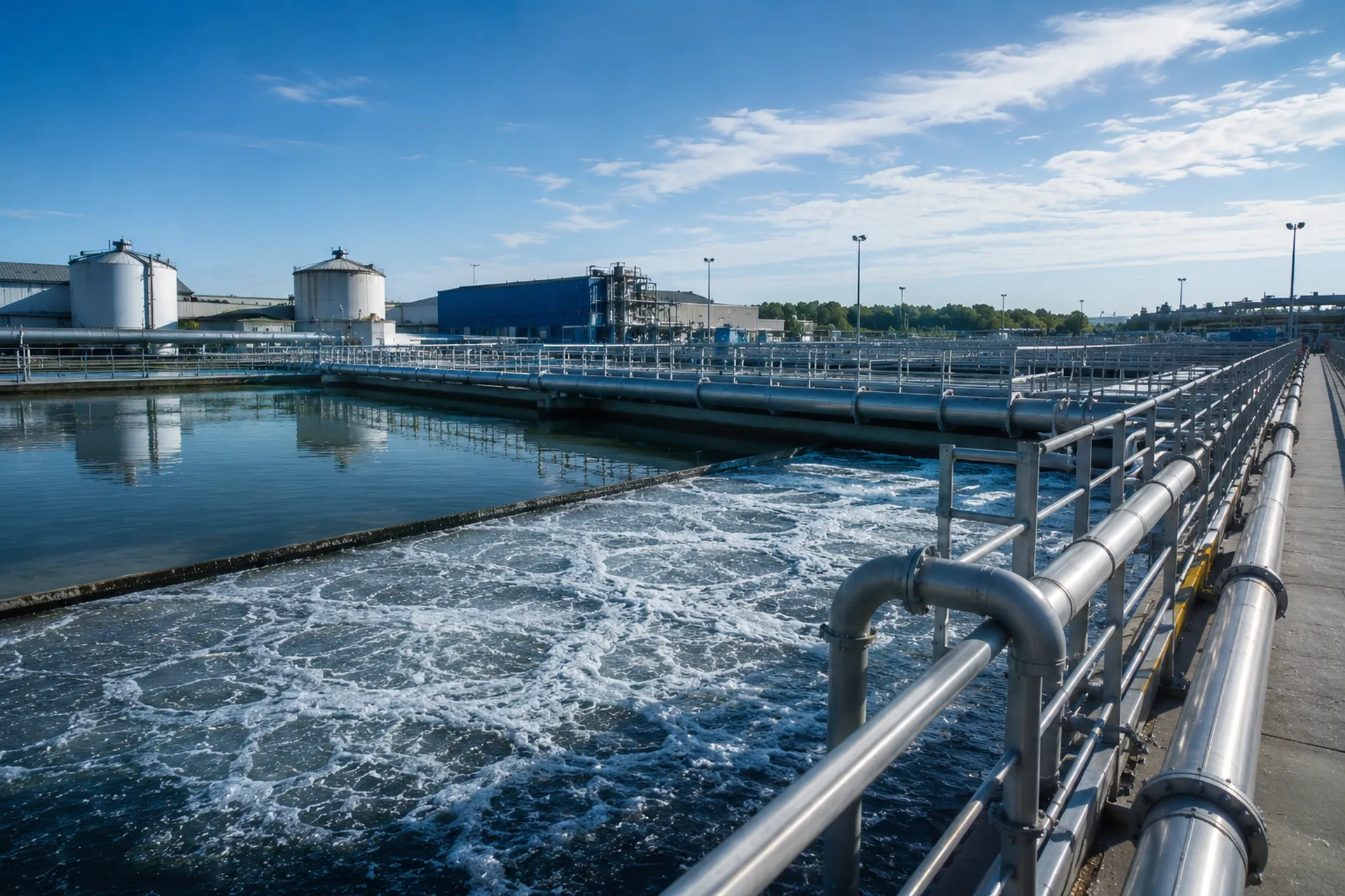 Bassin d’aération en fonctionnement et tuyauteries d’une station de traitement industrielle